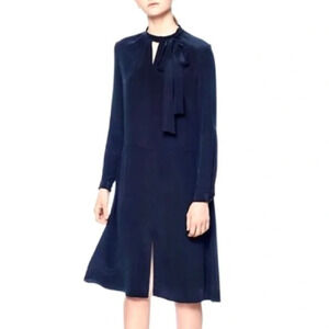 Siizu Kali Silk Long Sleeve Dress Womens Size Large Navy Blue Long Sleeves Midi